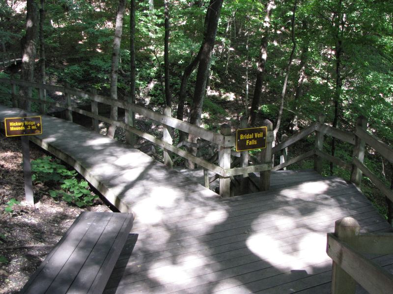 Take the side stairs down to the falls, then return and head to Hickory Ridge Mounds